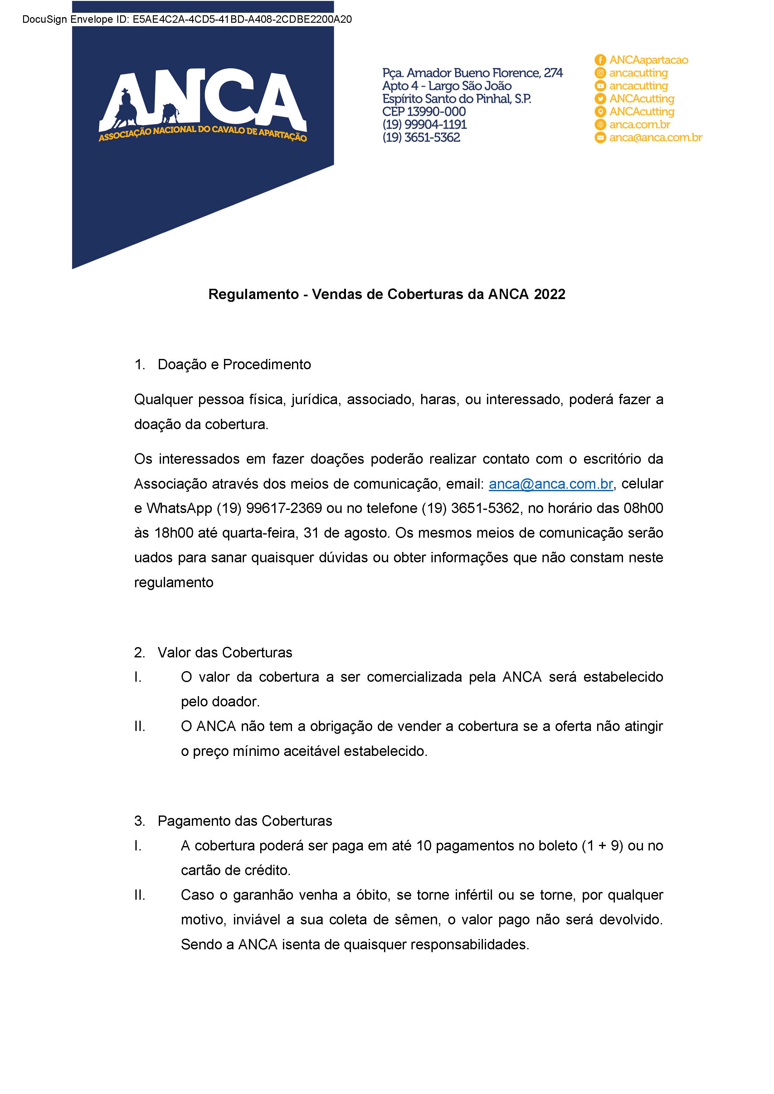 Regulamento - Vendas de Coberturas da ANCA 2022 (Oficial) Página 1